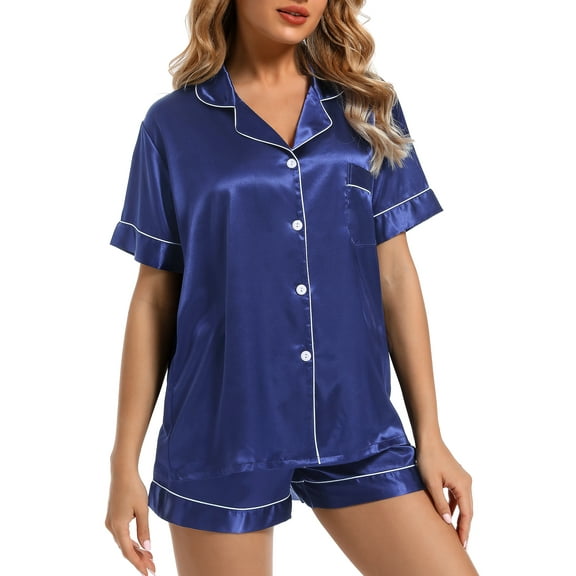 Finvizo Womens Silk Satin Pajamas Set Soft Short Sleeve Two-piece Pjs, Navy Blue XL