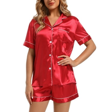 Finvizo Womens Silk Satin Pajamas Set Soft Short Sleeve Two-piece Pjs, Red XL