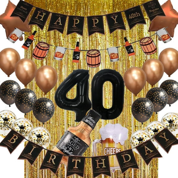Finypa 40th Birthday Whiskey Party Decoration Kit, Black and Gold, Vintage Banner