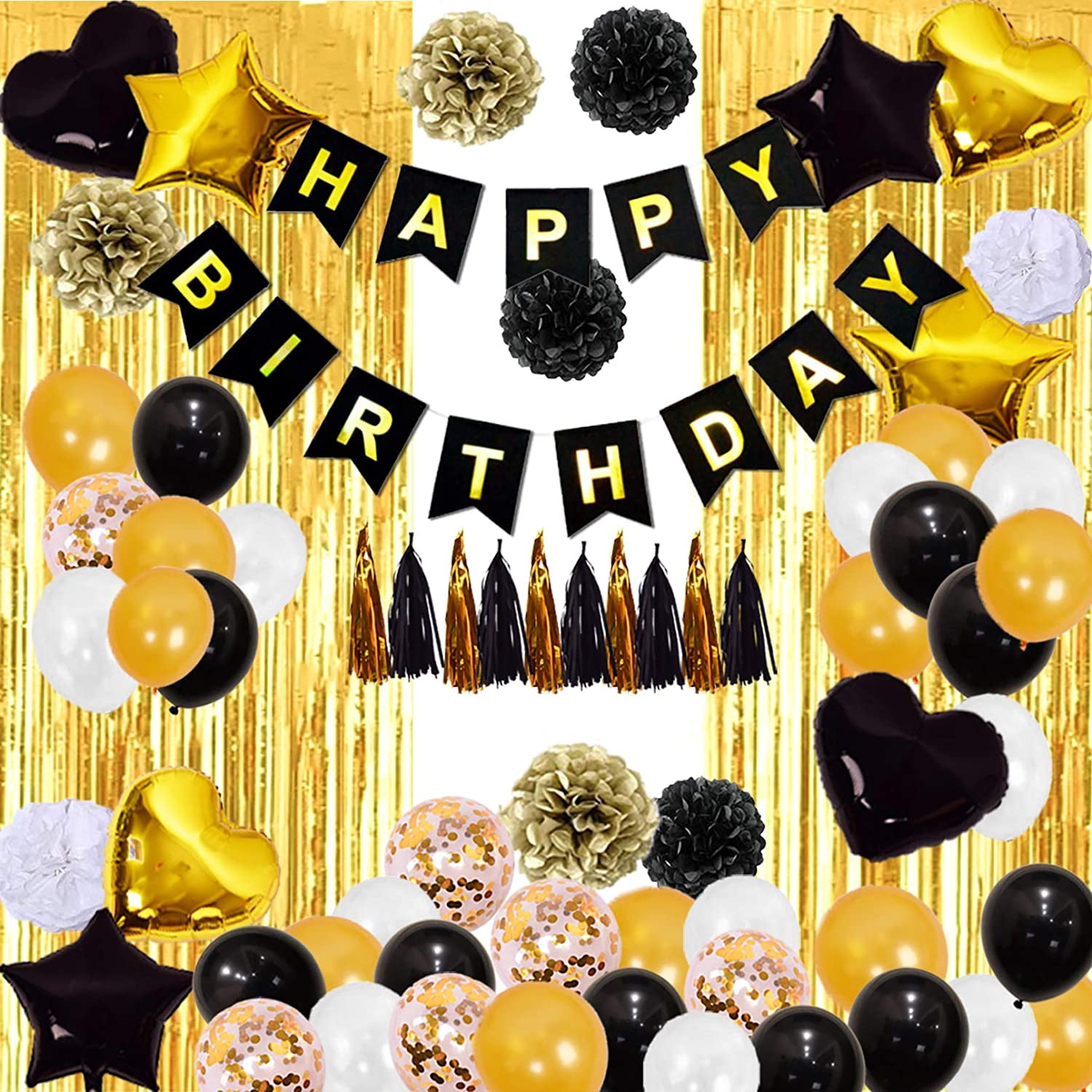 Black Gold Birthday Decorations for Men Women,Black Gold White Foil Confetti Latex Balloons Happy Birthday Banner Pom Poms Metallic Fringe Curtains