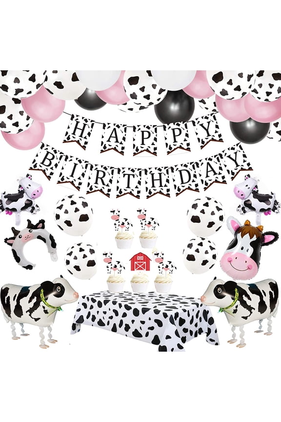 Cow Theme Party Decorations 63pcs Arch Garland Kit with, Happy Birthday Banner for Farm Cow Baby Shower Birthday Tablecover Party Supplies Cowboy Party Balloons Farm Animal Theme Party