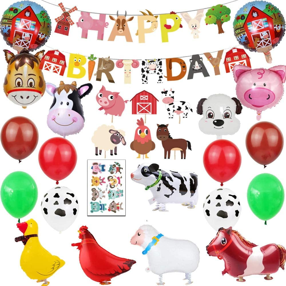 Finypa Farm Animal Party Decorations 67pcs Farm Walking Balloons Cupcake Toppers Cupcake Toppers Happy Birthday Banner for Boy or Girls Barnyard Birthday Party Supplies