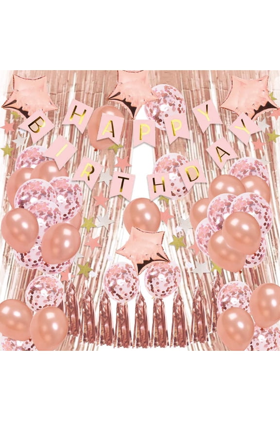 Girl n Queen Rose Gold Birthday Decorations for Women Include 2 Foil Fringe Curtains 3 Happy Birthday Banner 20 Latex Balloons 20 Confetti Balloons 16th 18th 20th 30th Birthday Party Supplies