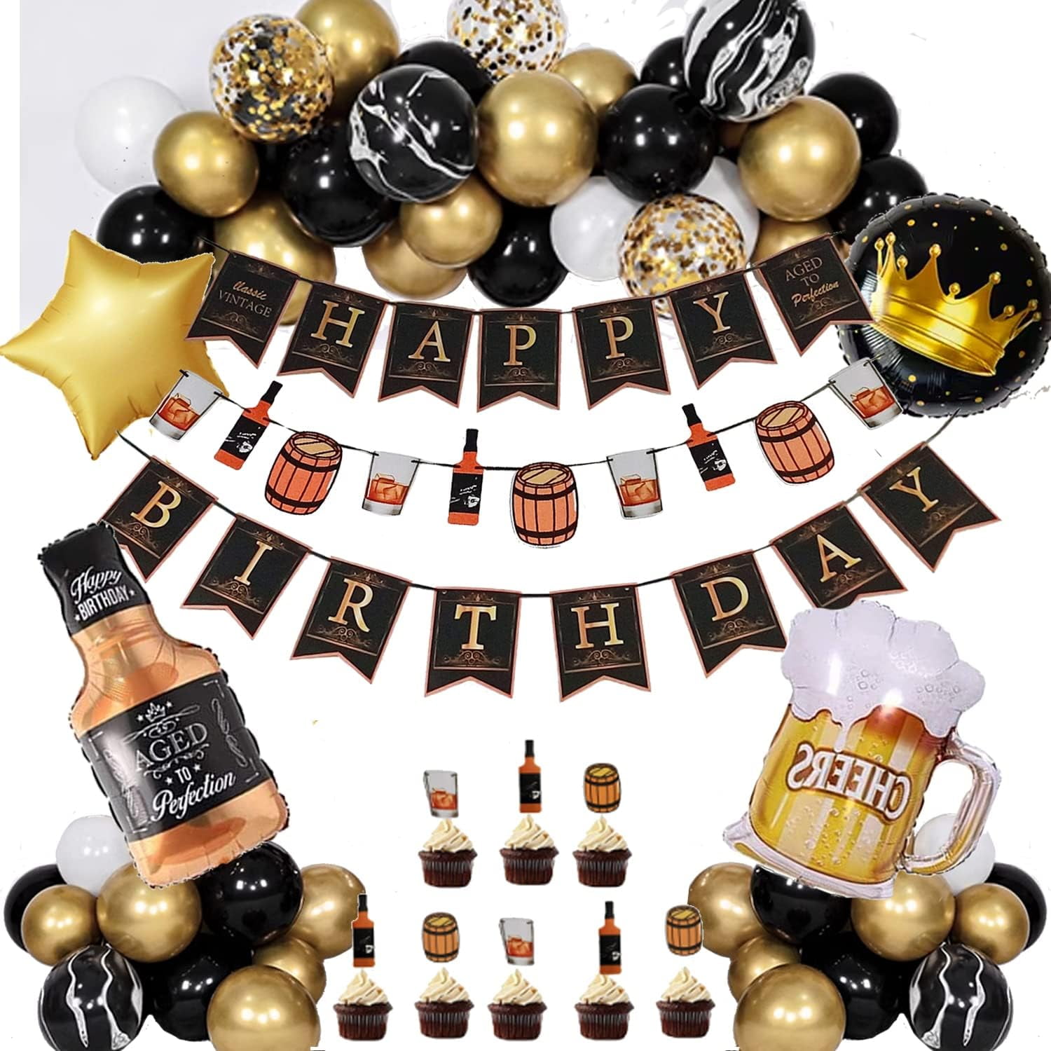 Finypa Whiskey Party Decorations for Men, Gold Black Latex Balloons Age to Perfection Whiskey Foil Balloons Happy Birthday Banner for Men Women Birthday Decorations Aged to Perfection Party Supplies