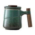 thumbnail image 1 of Fiocias 1 Piece Tea Cup with Lid, 390ml Retro Glazed Ceramic with Infuser, Wooden Handle Green, 1 of 9
