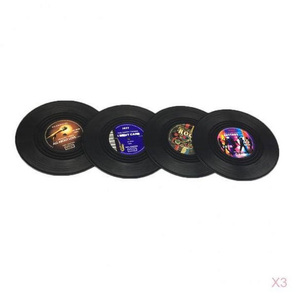 Fiocias 12 Pcs Round Cup Mat Insulated Silicone Coaster Vinyl Record Pattern 4" Gift