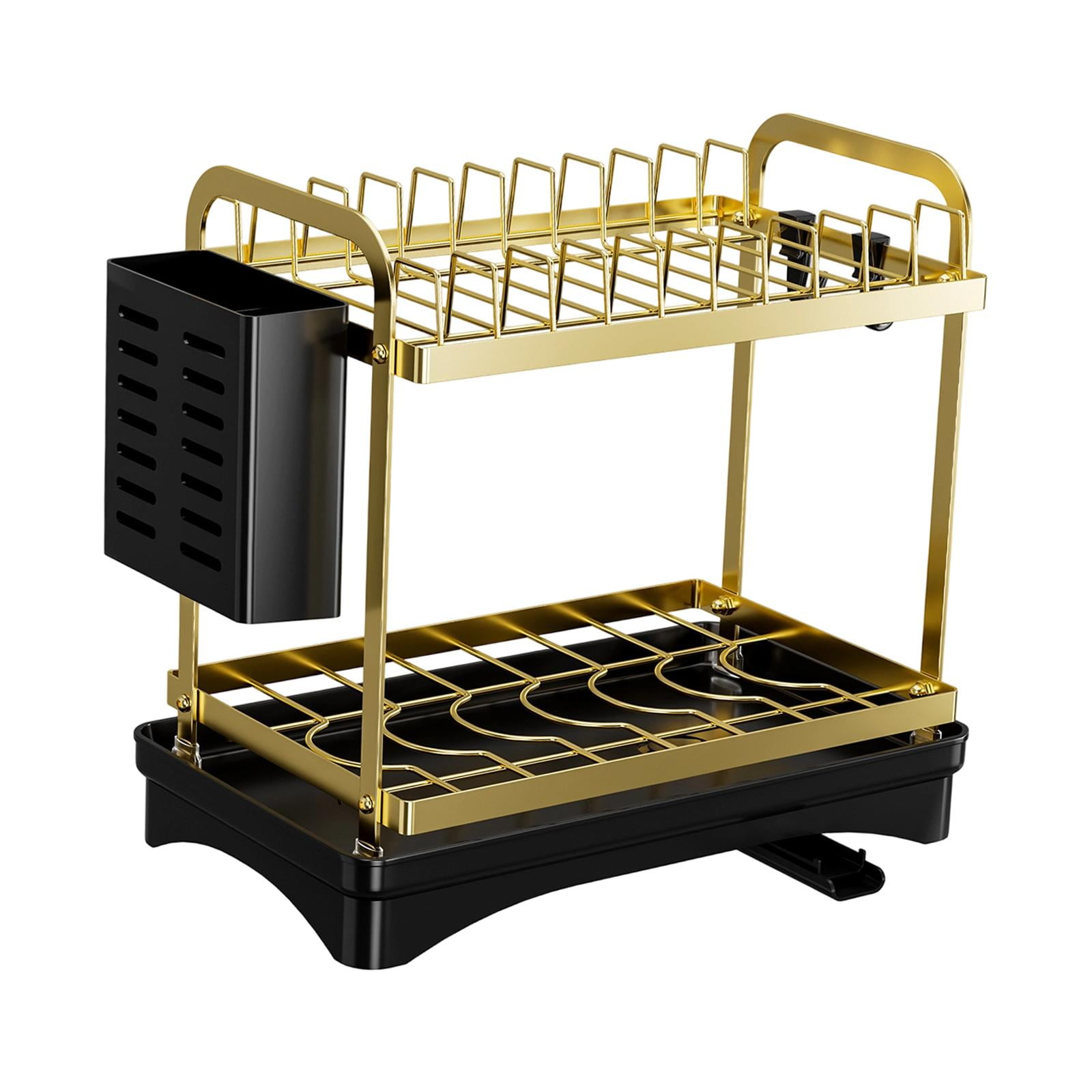Fiocias 2 Layer Kitchen Dish Drying Rack Space Saving Carbon Steel Drainer with Tray for Gold