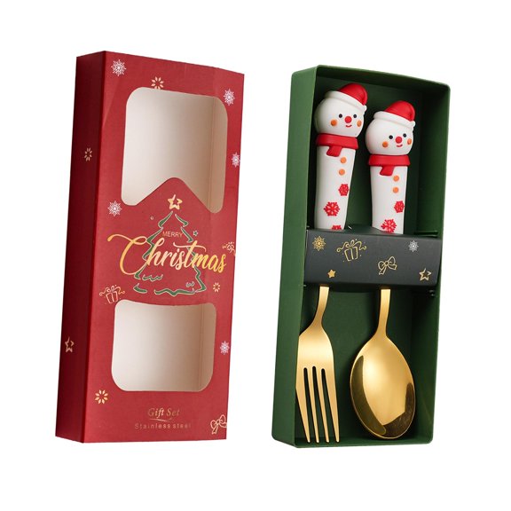 Fiocias 2 Pieces Christmas Spoon and Fork Set Christmas Tableware Flatware with Gift Box Snowman