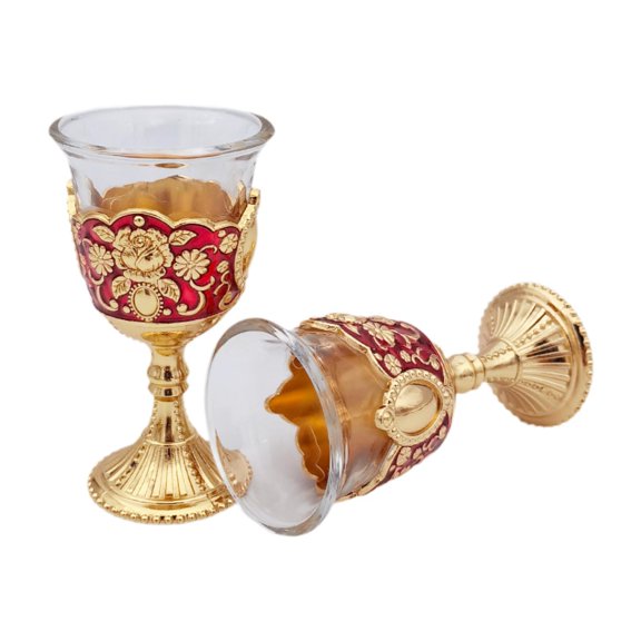 Fiocias 2 Pieces Embossed Wine Cup Mini Goblet Reusable Portable European Style Toasting red and gold