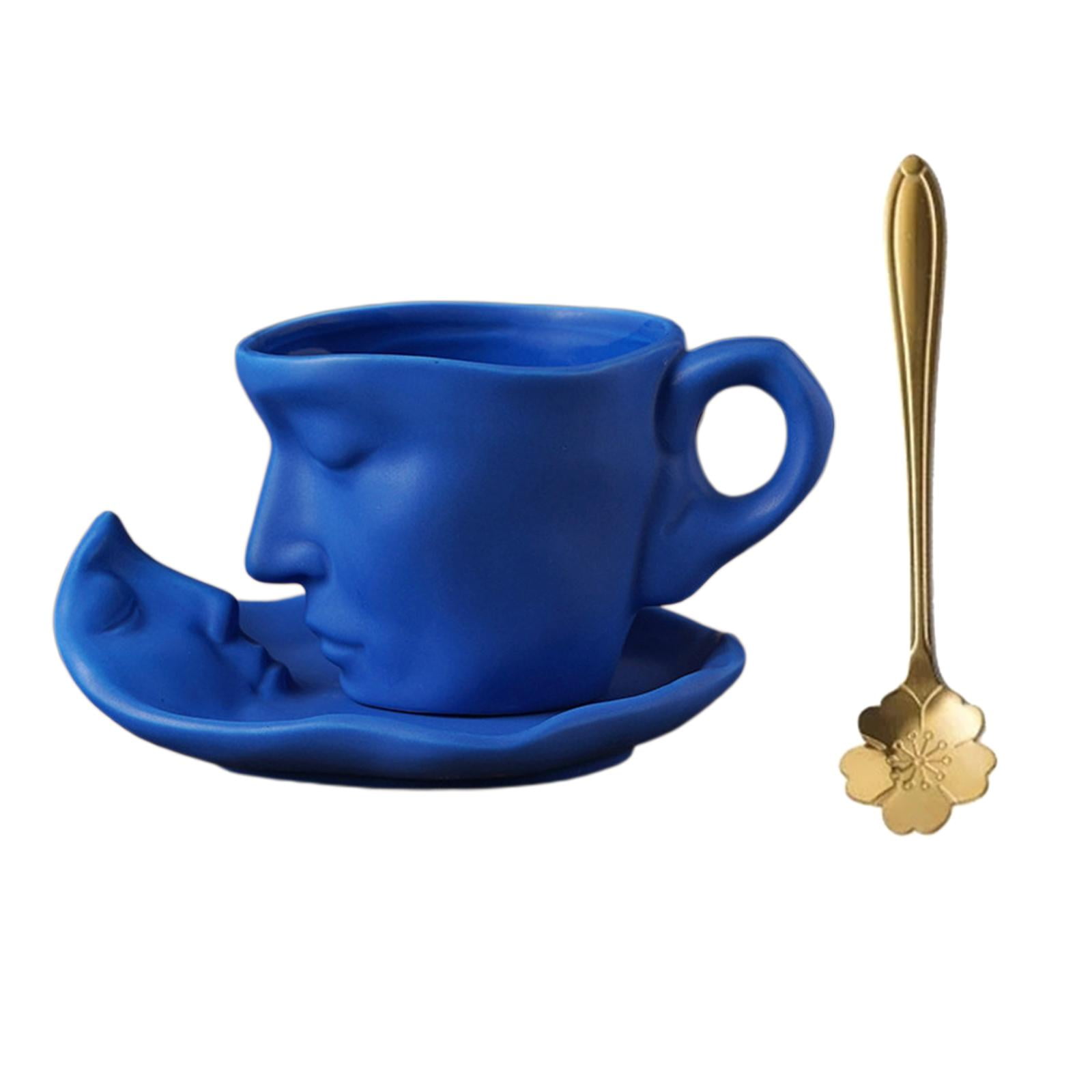 Fiocias 3D Human Face Kissing Mug with Spoons and Human Face Coaster Espresso Mugs 260ml Blue