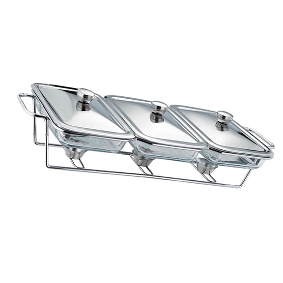 Fiocias Buffet Food Warmer Pot Buffet Server with Lid Transparent Stable Metal Rack Easy 1.5L 3 Compartment