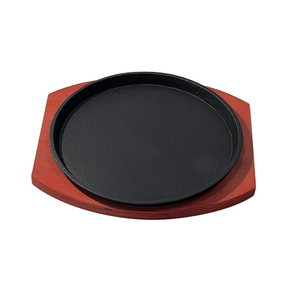 Fiocias Cast Plate Cooking Accessory with Wooden Base Round Grilling Pan Sizzle Griddle 21cm