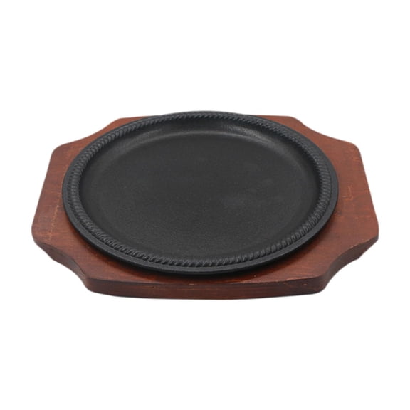 Fiocias Cast Steak Plate Platter with Wooden Base Round Shape Steak Pan Grill Plate Tray L