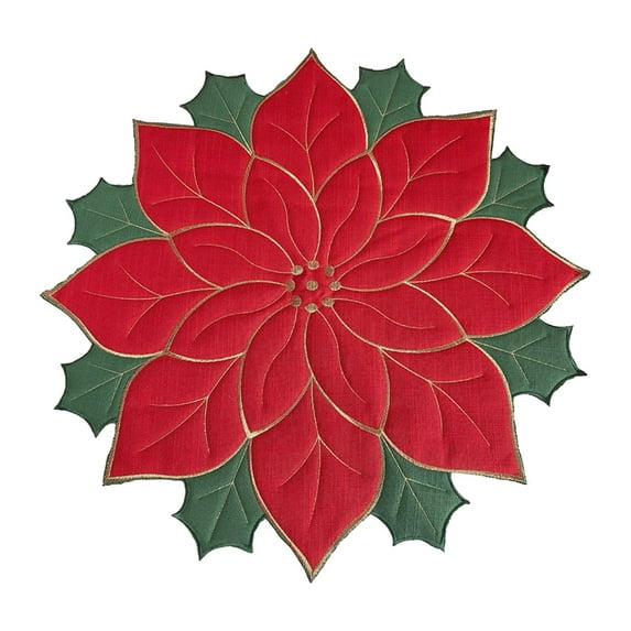 Fiocias Christmas Placemat Christmas Flower Embroidery Washable Quilted Linen Dinner Mat Red 60cm