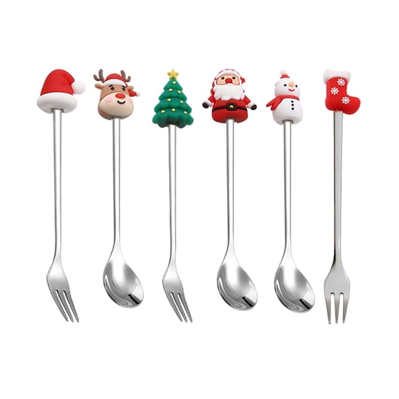 Fiocias Christmas Spoons Forks Set Pastry Forks and Tea Spoon Set Cutlery Tasting Spoons Argent 6Pcs