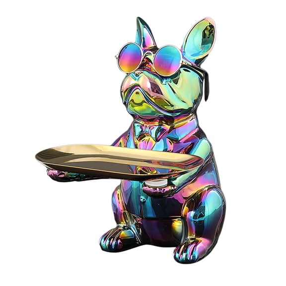 Fiocias Desktop Electroplated Ceramics Dog Figurine Storage Tray with Glasses Cool Colourful