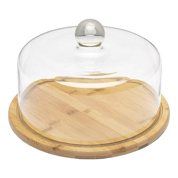 Fiocias Dome Glass Cover Serving Tray Wooden Cake Stand Food Storage Appetizer Plate for 230mm