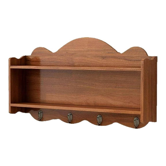 Fiocias Floating Shelves Double-layer Rack with Hooks Multi-use Sturdy Practical Key and Brown