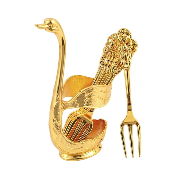 Fiocias Metal Decorative Swan Base Holder Set Ice Cream Spoons Dessert Spoons Set Coffee Fork Aureate