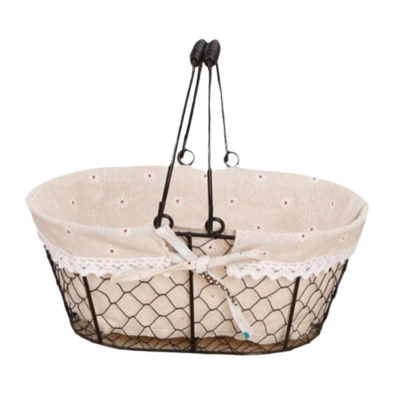 Fiocias Storage Basket Fruit Laundry Basket Cosmetic Box with Foldable Handle Metal Wire Oval