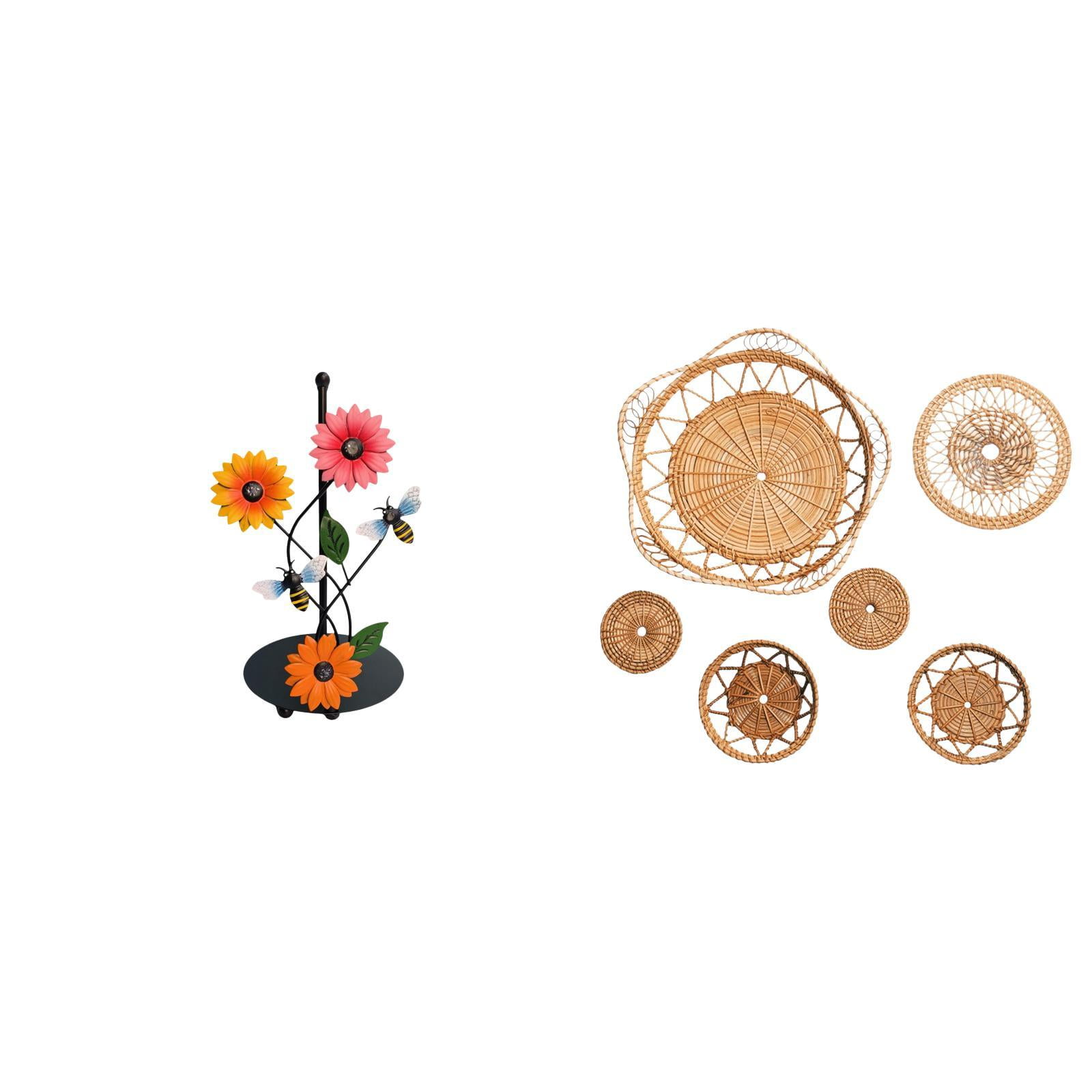 Fiocias Toilet Paper Holder Set with Rattan Woven Wall Hanging Decor Iron Paper Towel Holder Countertop Handicraft Ornament Suitable for Kitchen Dining Room L