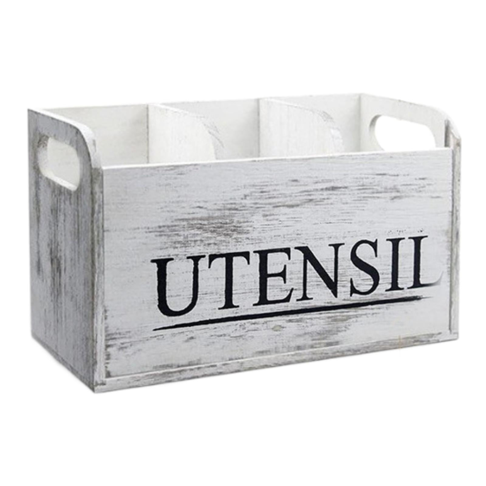 Fiocias White Wooden Utensil Holder with 3 Compartments Cutlery Holder Utensil Organizer