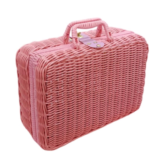 Fiocias Woven Suitcase Imitation Rattan Storage Basket Portable Rustic Picnic Hamper for Pink M