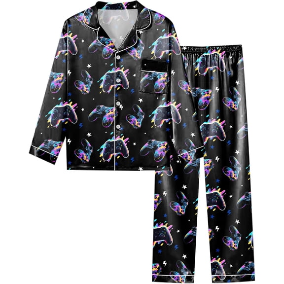 Fiodrimy Boys Pajamas Big Boys Satin PJS Set Button Down Silky Pajama Long Sleeve & Pants Set Kids Lounge Sleepwear Size 8-14