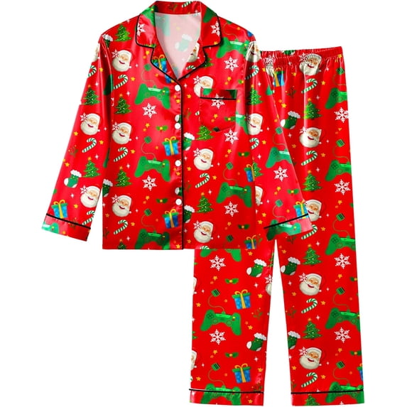 Fiodrimy Boys Pajamas Big Boys Satin PJS Set Button Down Silky Pajama Long Sleeve & Pants Set Kids Lounge Sleepwear Size 8-14