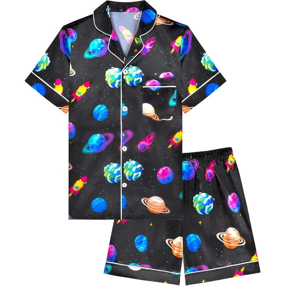 Fiodrimy Boys Pajamas Big Boys Satin PJS Set Summer Short Sleeve Button Down Kids Silky Pajama Lounge Sleepwear Size 8-14
