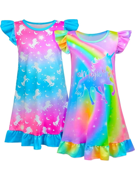Girl's 4-8 Unicorn Nightgown & Sleepshirt, Rainbow (2 Pack)