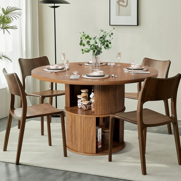 Fiogmub 47 inch Round Dining Table for 4, Circle Kitchen Table with Storage Shelf, Modern Dinner Table for Living Room, Walnut