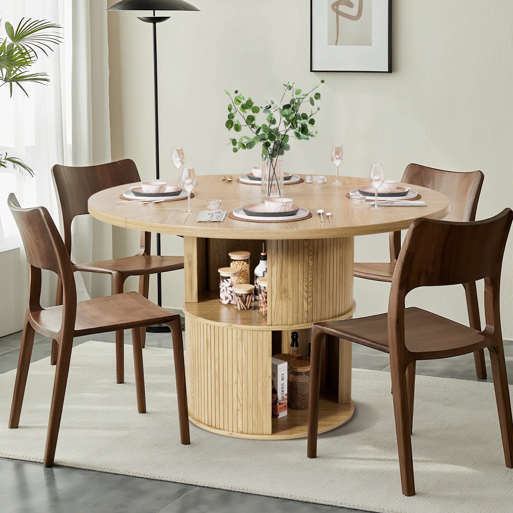Fiogmub 47 inch Round Dining Table for 4, Circle Kitchen Table with Storage Shelf, Modern Dinner Table for Living Room, Wood Color