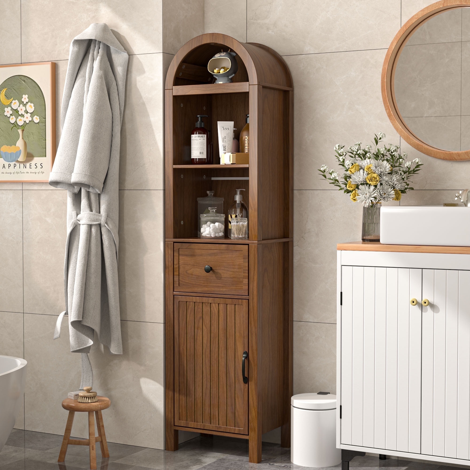 Fiogmub Tall Bathroom Storage Cabinets with Doors and Shelves, Narrow Tall Linen Cabinet with Drawer
