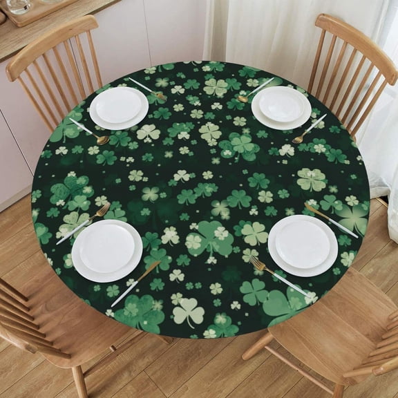 Fiokroo St. Patrick''s Day Clovers Tablecloth with Elastic Edge, Round Table Cloth Washable Reusable Table Cover for Kitchen Dining Party Picnic, Medium