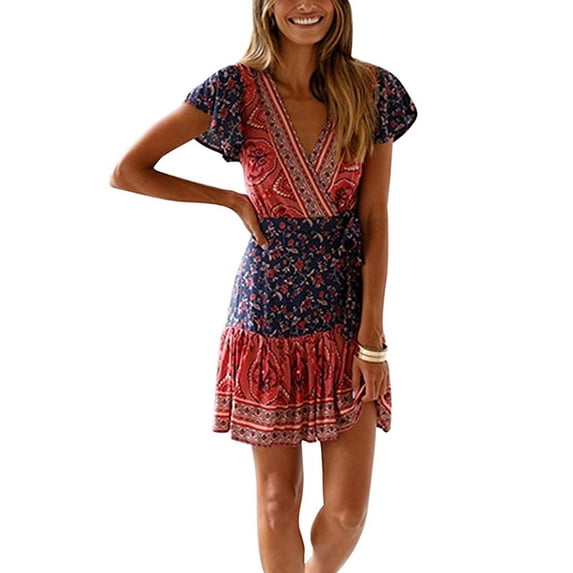 Fiomva Flower Print V-neck Clubwear Casual Summer Short Sleeve Beach Mini Bodycon Women Dress