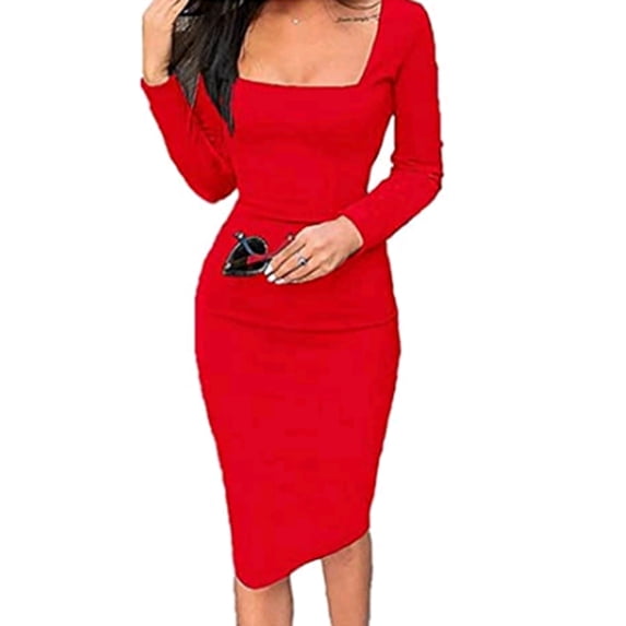 Fiomva Women Autumn Vintage Solid Color Long-Sleeved Square Collar Pencil Dress