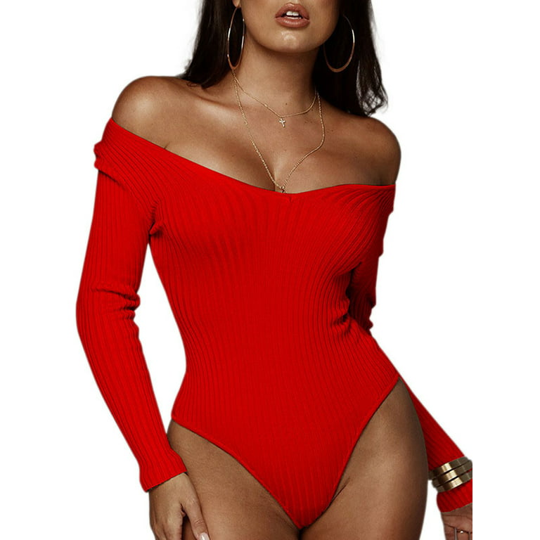 Fiomva Women Off Shoulder Long Sleeve Bodysuit Stretchy Ribbed Knit Leotard  Tops