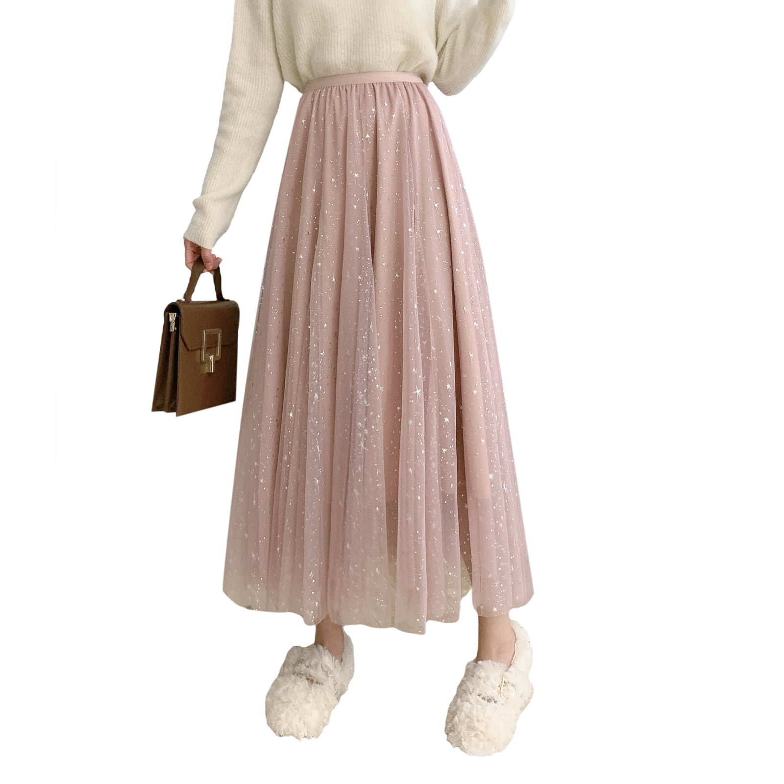 Beige Skirt Women's Basic Midi Tulle Skirt Elastic High Waist