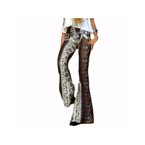 Fiomva Women's Boho Hippie High Waist Printed Wide Leg Long Flared Bell Bottom Pants