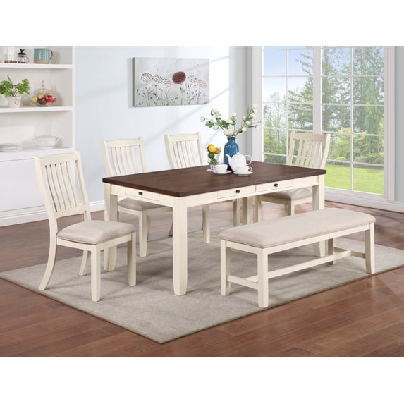 Fiona 6pc Dining Set Dining Table w Drawers 4x Side Chairs 1x Bench - White