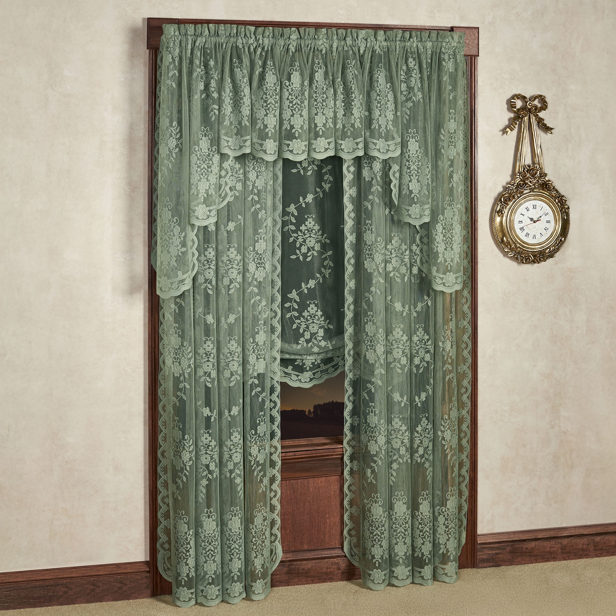 Window Shade Insert Fiona Green Lace Window Treatment; Insert and 38L Swag Valances, Shade ...