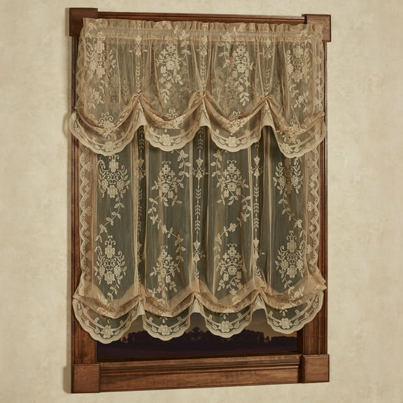 Fiona II Antique Gold Polyester Lace Window Treatment; Tuck Valance and Balloon Shade