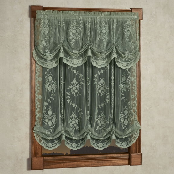 Fiona II Green Polyester Lace Scalloped Window Treatment; Balloon Shade and Tuck Valance