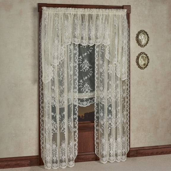 Fiona Ivory Lace Window Treatment; Insert and 38L Swag Valances, Shade, 2-95L Panels Set
