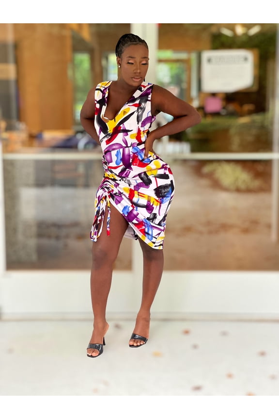 Fiona Multicolor Abstract Drawstring Sleeveless Dress - Small