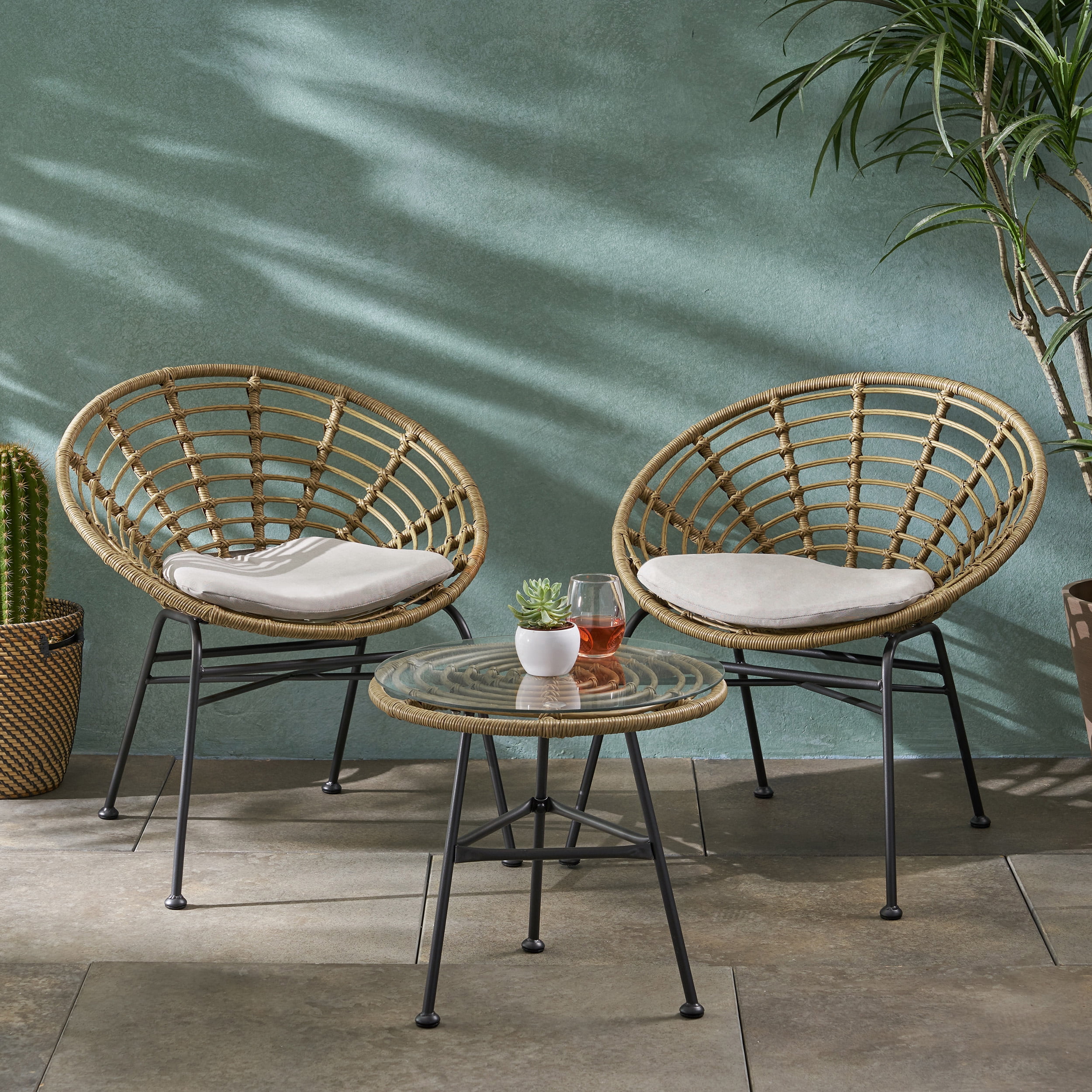 Fiona Outdoor Modern Boho 2 Seater Wicker Chat Set with Side Table, Light Brown, Beige, and Black