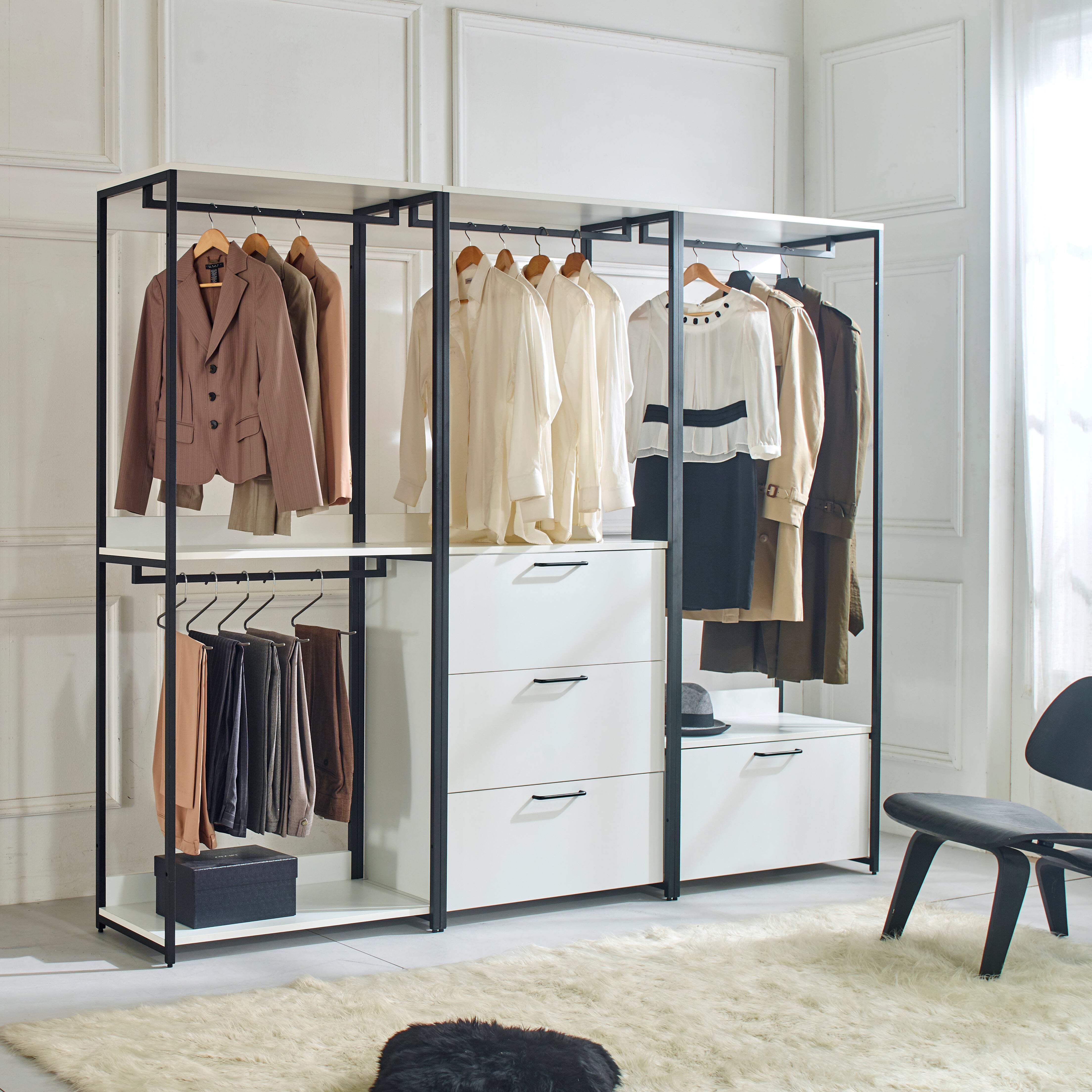 Fiona White Freestanding Walk In Wood Closet System With Metal Frame