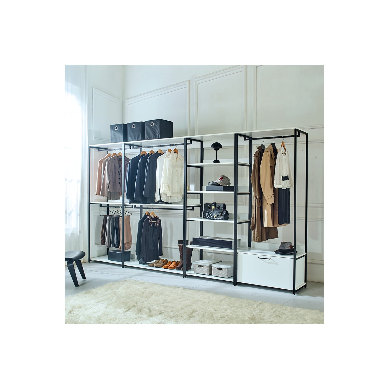 Fiona White Freestanding Walk-In Closet System with Metal Frame and Drawers