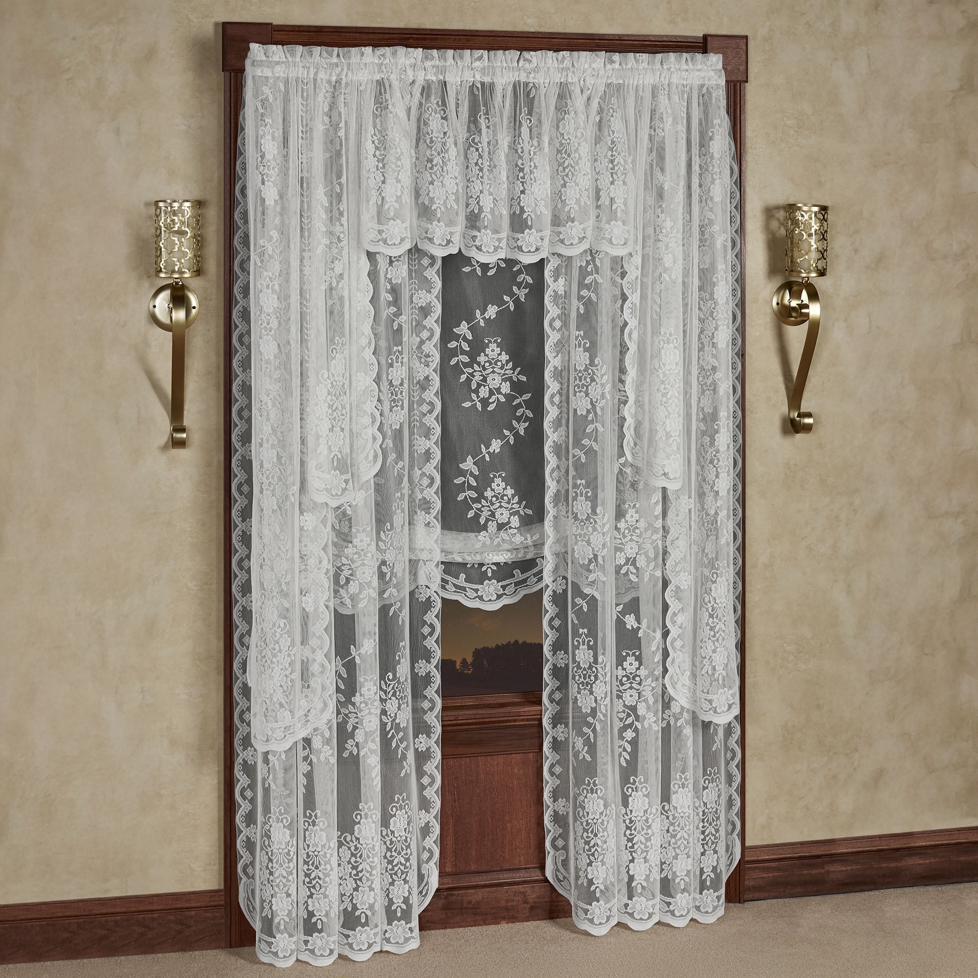 Window Shade Insert Fiona White Lace Window Treatment; Insert and 63L Swag Valances, Shade ...